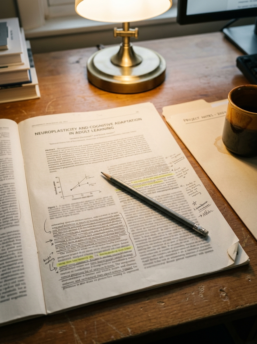 Open research journal on desk with pencil and handwritten annotations visible