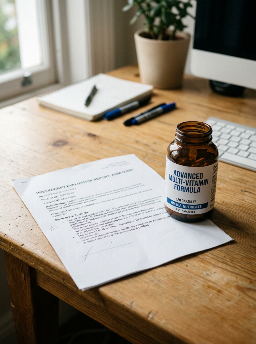 Supplement bottle on clean desk surface alongside a printed research document