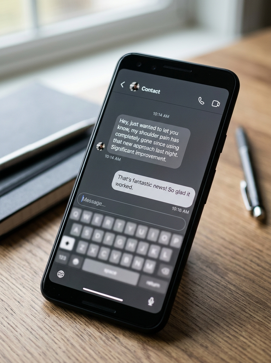 Smartphone screen showing brief text message conversation, messages short and undecorated