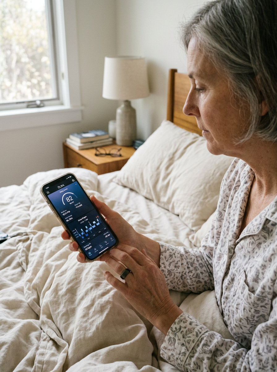 Woman in her early 60s seated in bedroom wearing Oura Ring, reviewing sleep tracking dashboard on smartphone