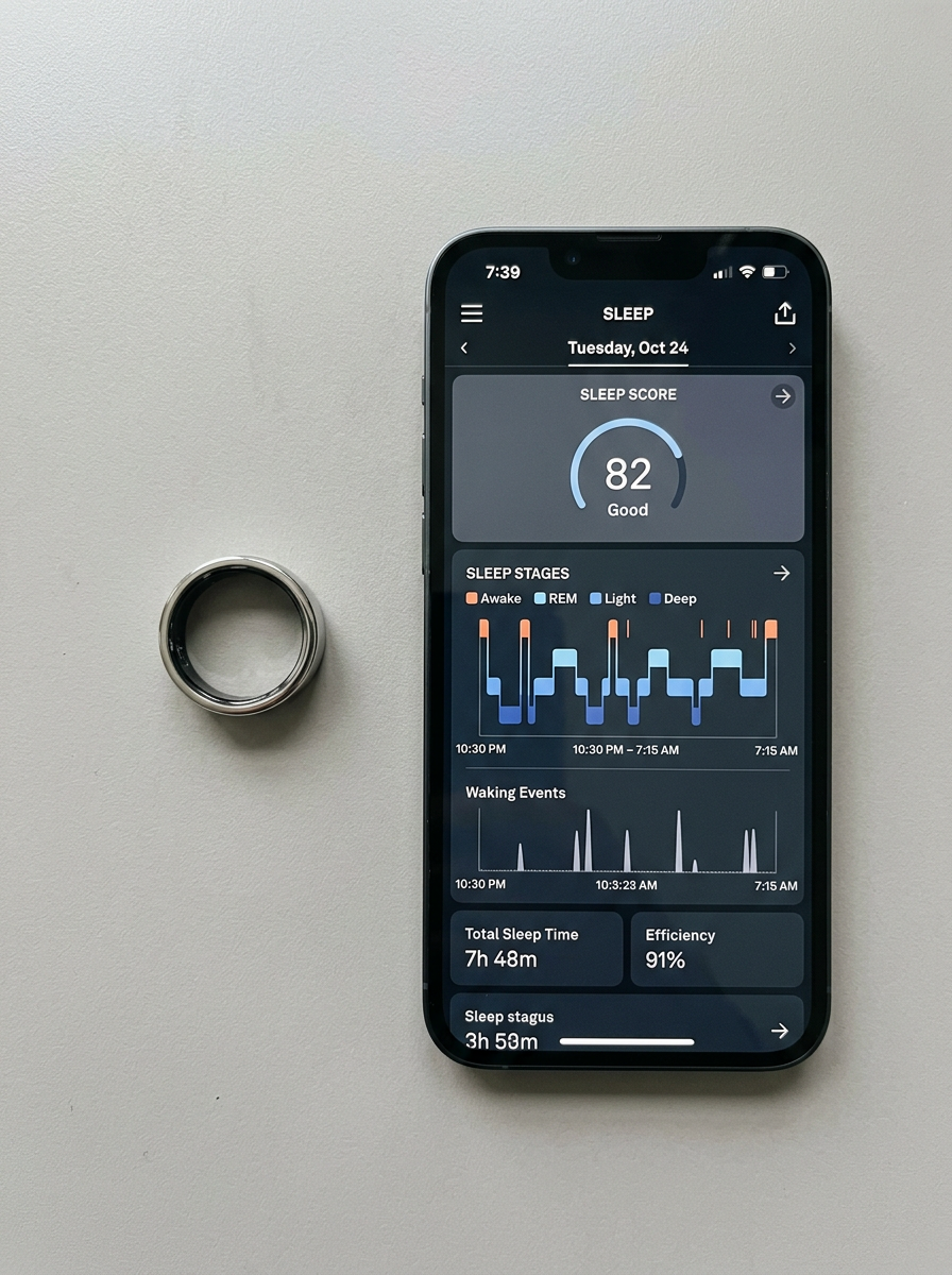 Oura Ring Gen 3 and smartphone showing sleep tracking dashboard flat lay on neutral surface