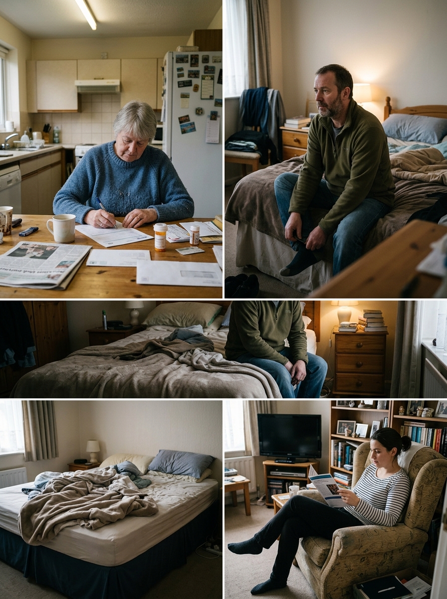 Two to three individuals in their own residential environments, candid mid-routine postures