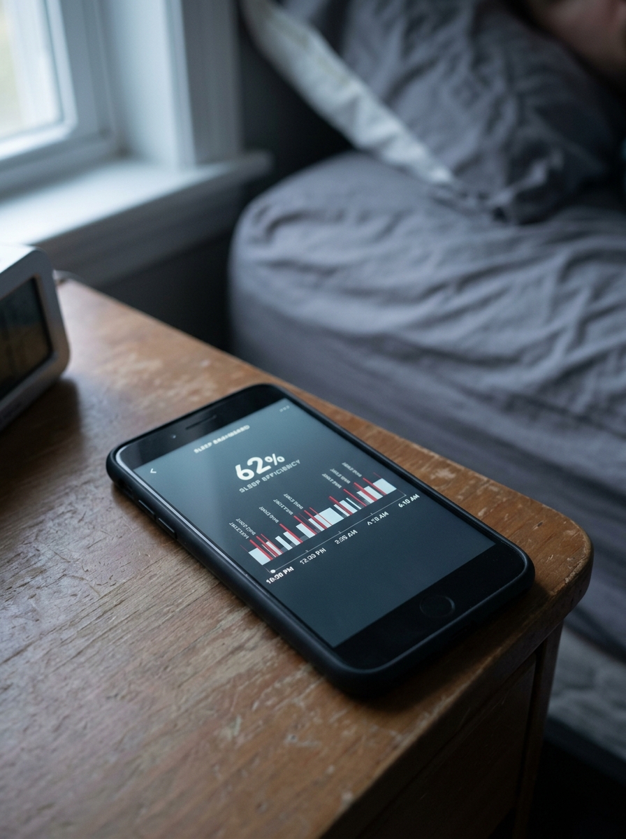 Smartphone showing fragmented sleep dashboard with low efficiency score and multiple waking event markers