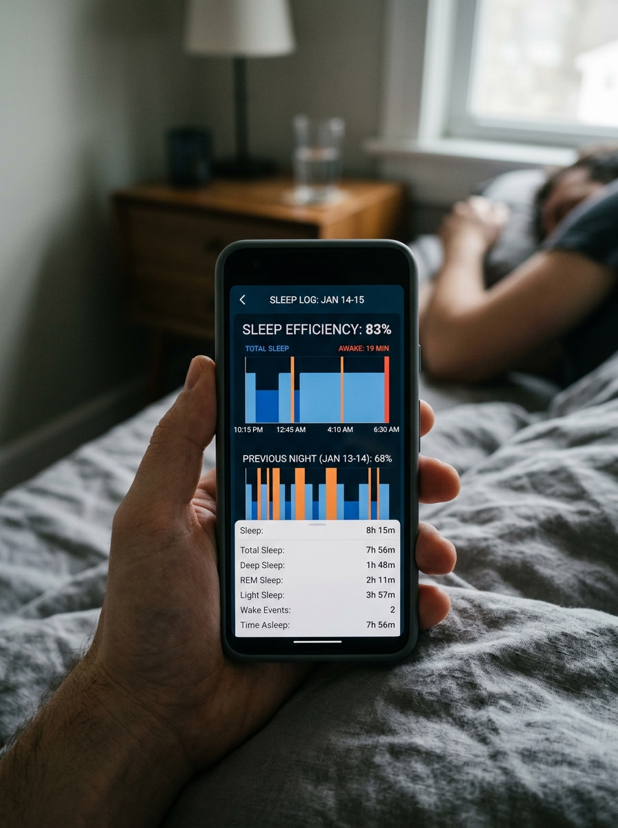 Improved sleep dashboard showing higher efficiency score and fewer waking events