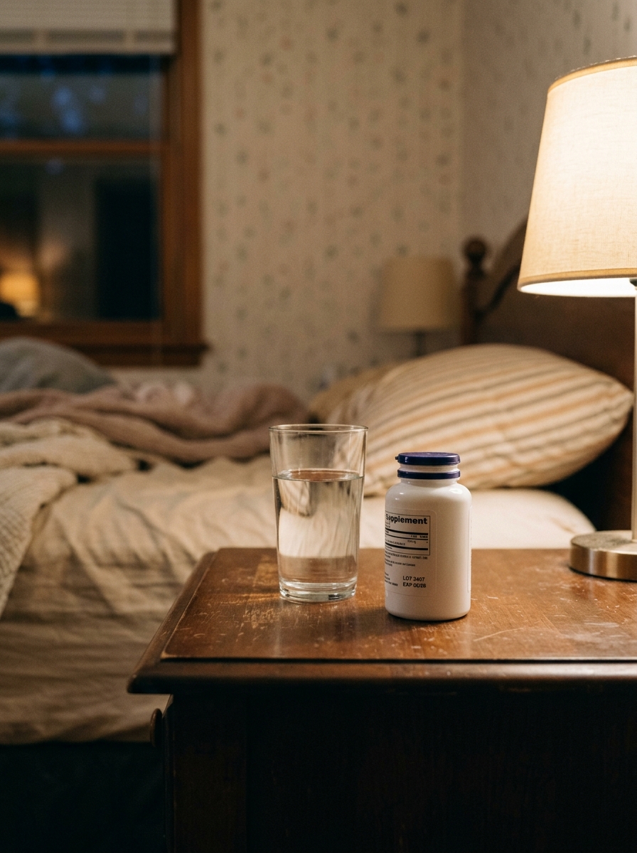Supplement bottle on residential nightstand alongside glass of water, natural evening light