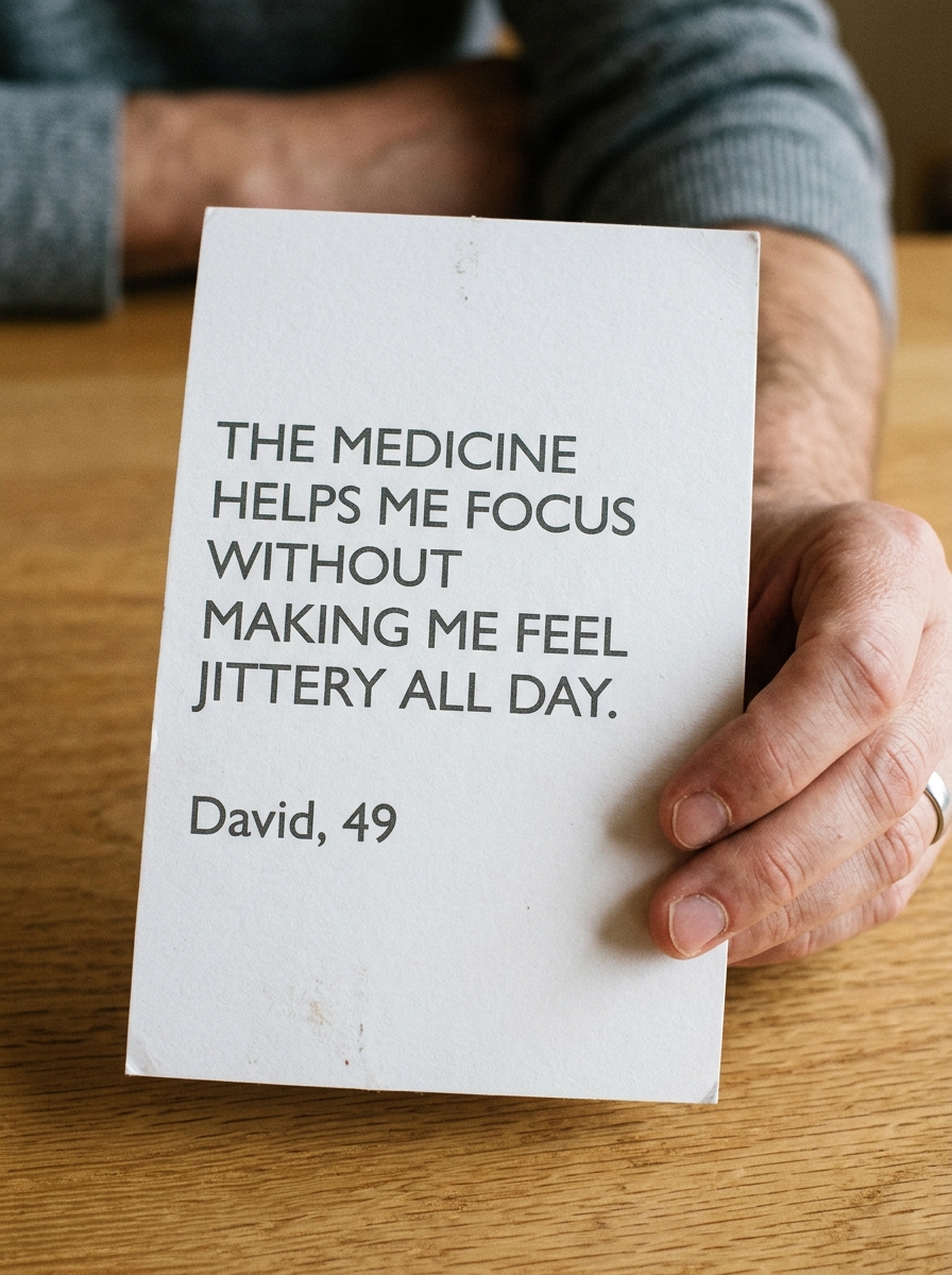 Clean white text card with short participant quote: I slept five and a half hours without waking on day 41 — Patricia, 67