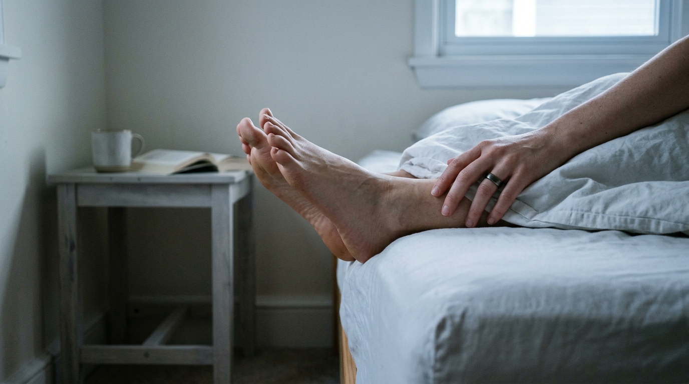 Woman's feet on the edge of a bed, Oura Ring visible on her hand, early morning light — the moment before the data started changing
