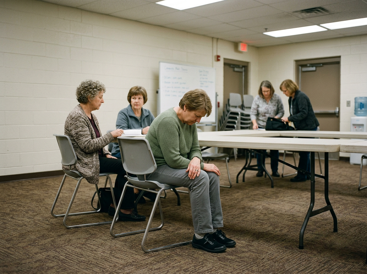 Group of women seated at a community meeting table, one with a fitness tracker visible on her hand — the test participants before the data collection began