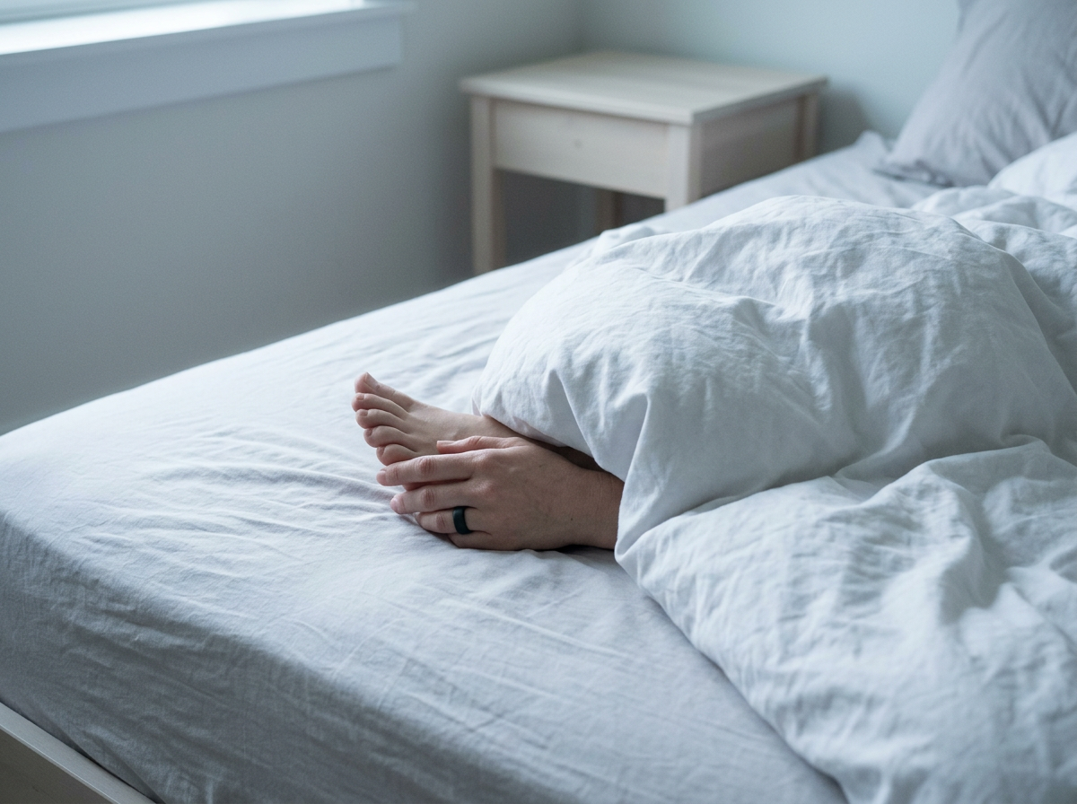 Woman's feet fully under a white duvet, Oura Ring visible on her hand resting near her ankle — both feet under the covers for the first time in years
