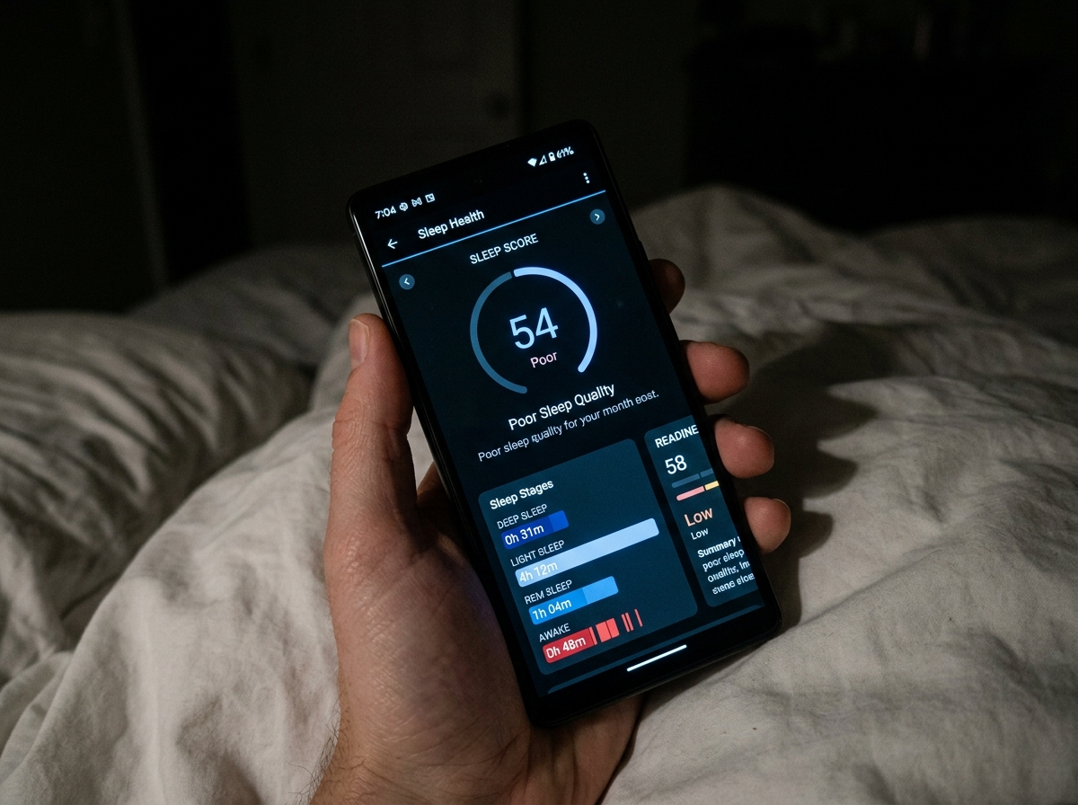 Oura Ring sleep tracking app on a phone screen showing a low sleep score in the mid-50s range — baseline data before supplementation began
