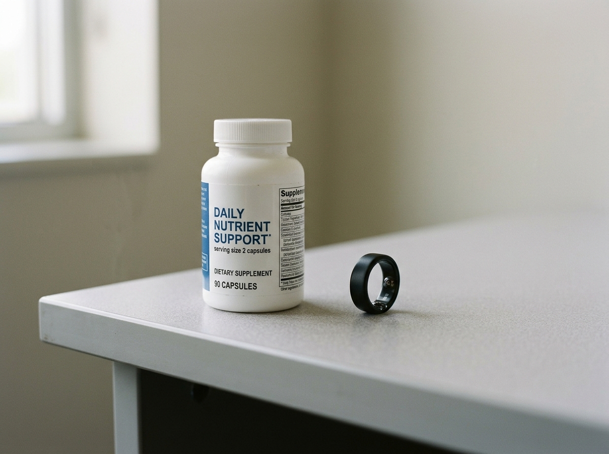 Youfirst PainBloc PEA 600mg bottle placed on a plain surface alongside a fitness tracking device — the formulation and the measurement tool, side by side