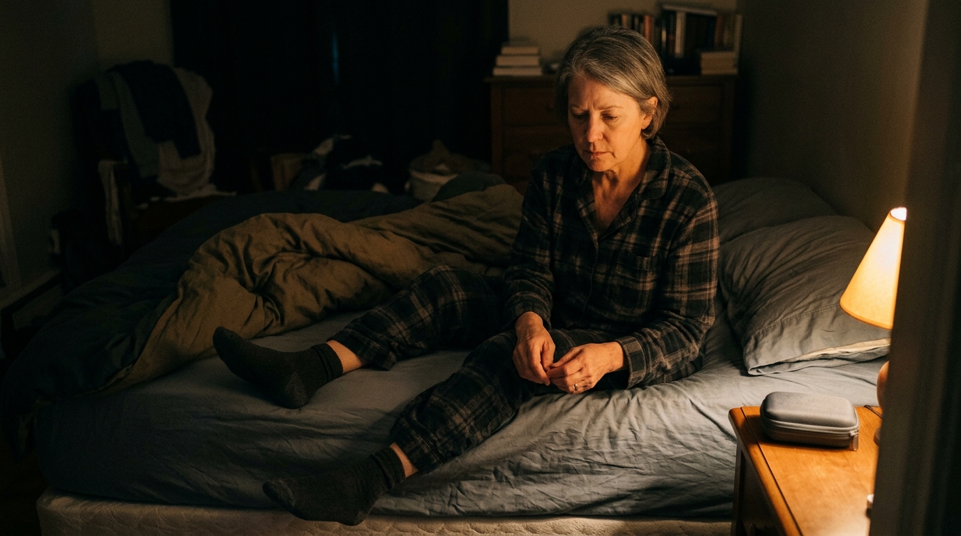 A woman in her early 60s sitting on the edge of a bed at night, looking down at her feet — one foot outside the duvet, the other on the floor