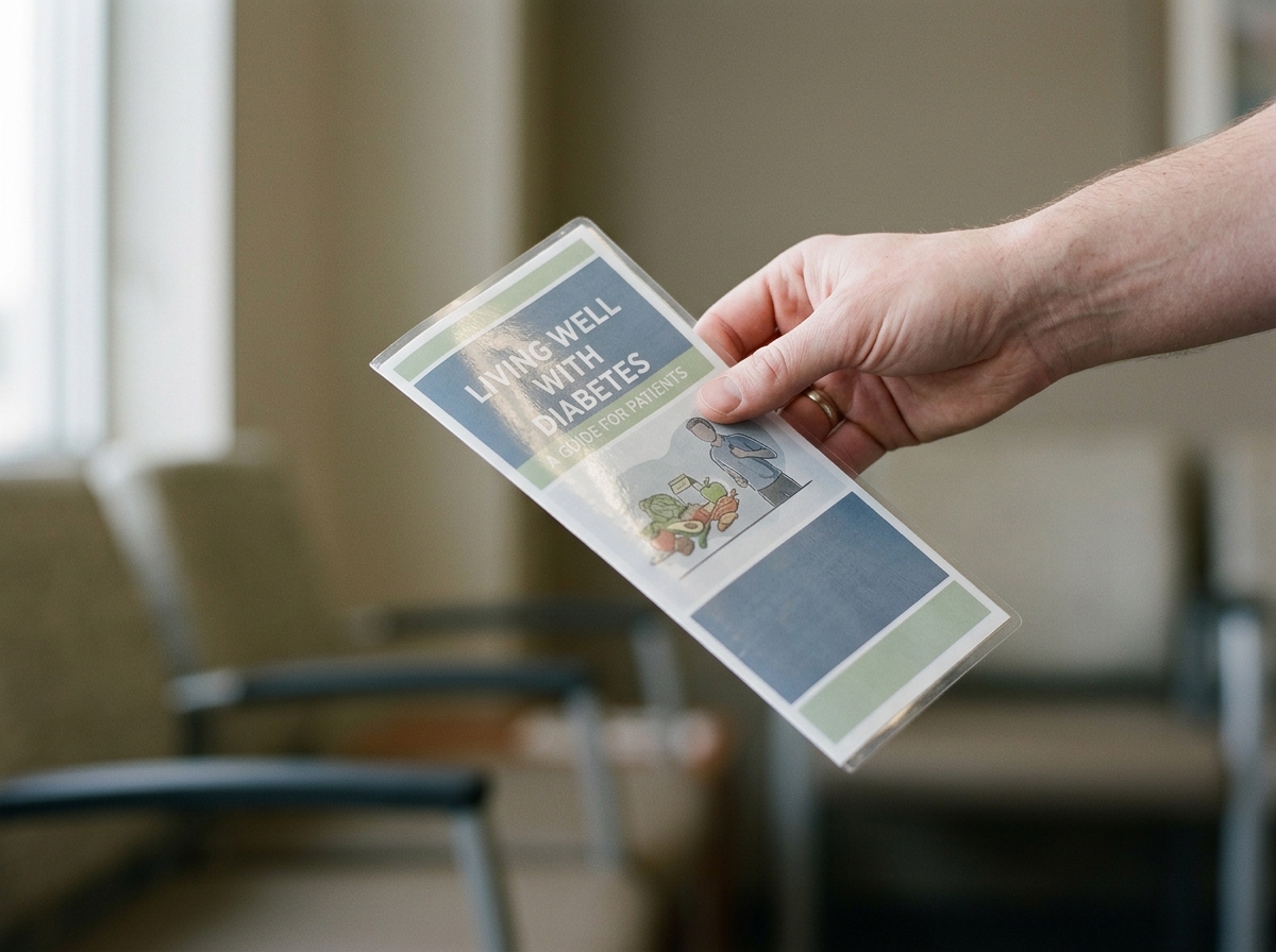 A hand holding a laminated diabetes education brochure — the kind handed out at clinic appointments