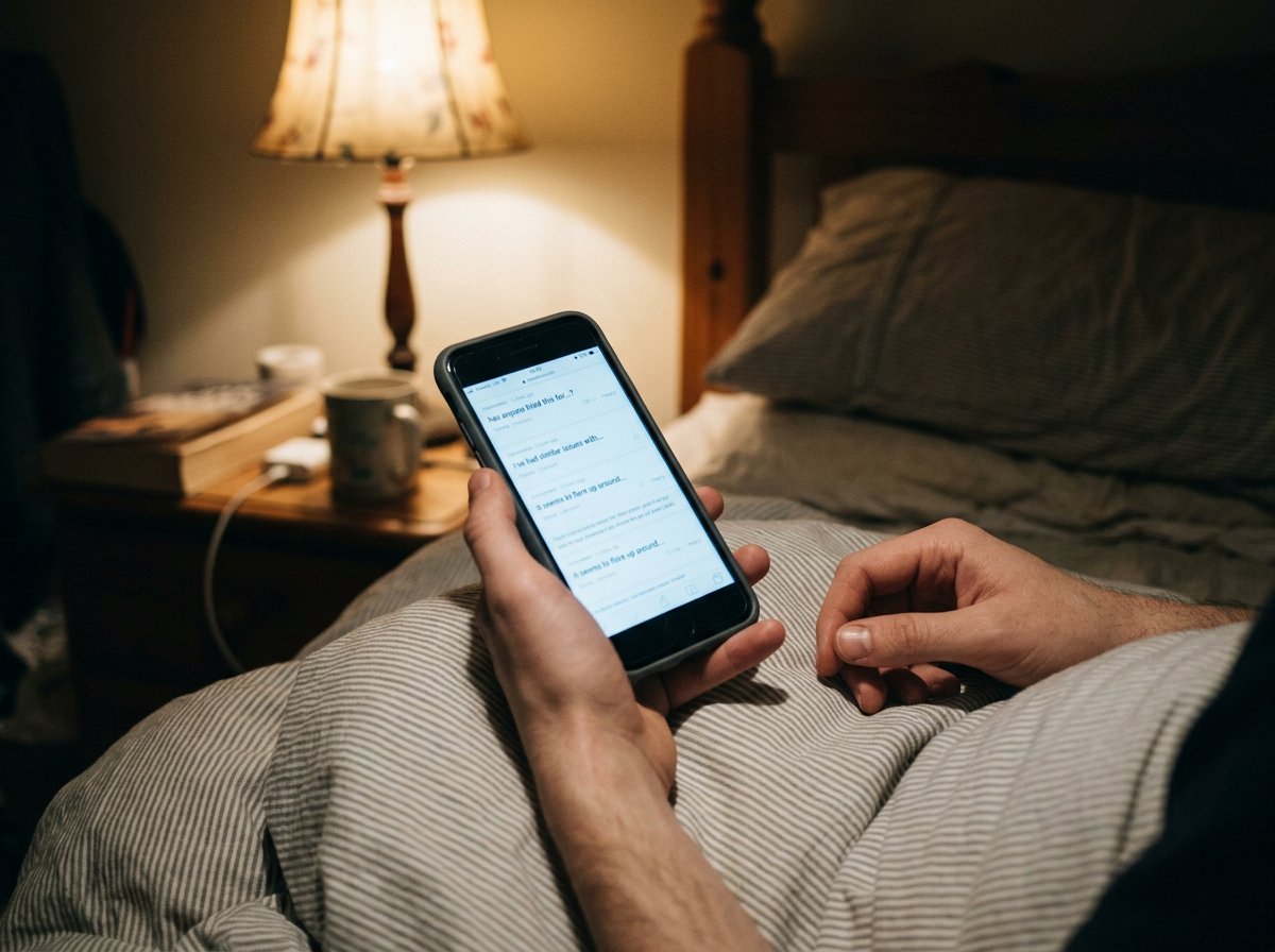 A phone screen showing a health forum thread, held in a hand in a dimly lit bedroom at night — the post she almost scrolled past