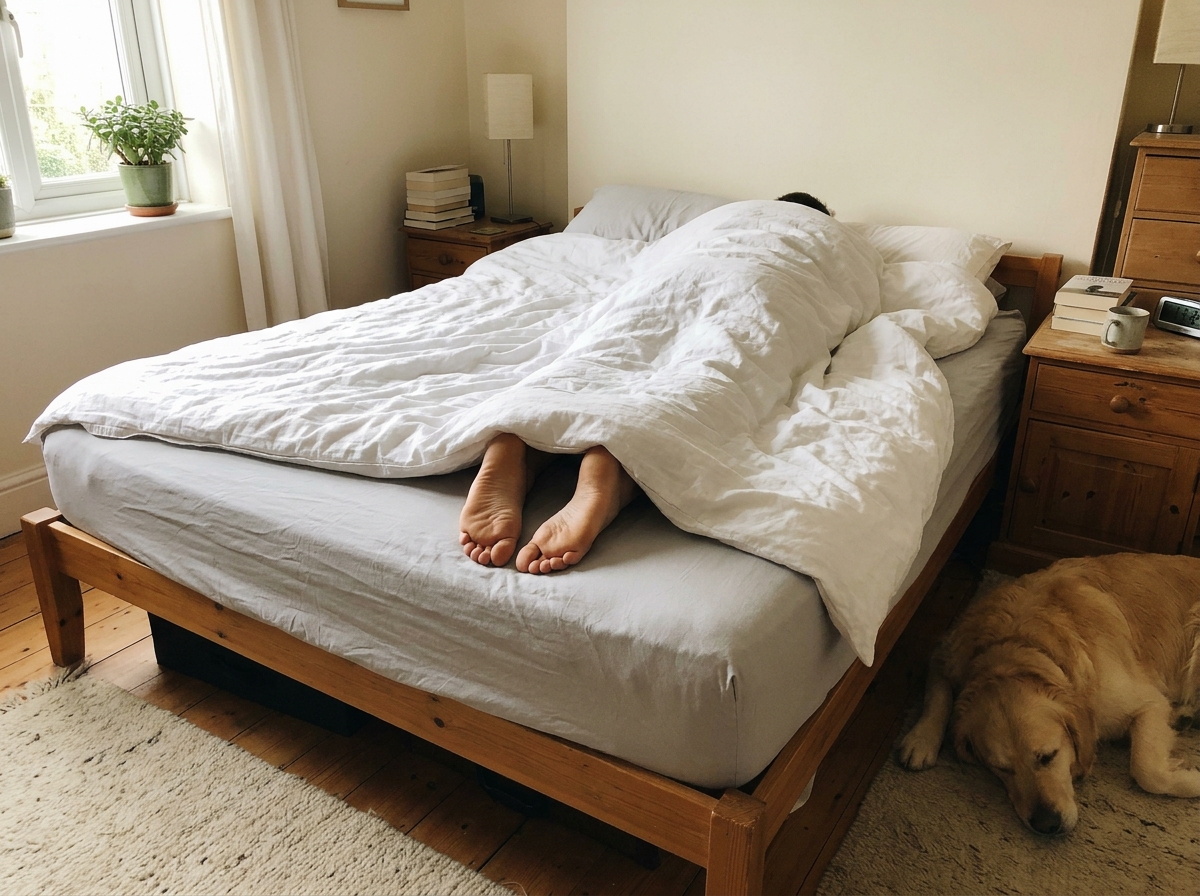A bed in morning light with both feet visible under the white duvet — fully covered, not hanging off the edge
