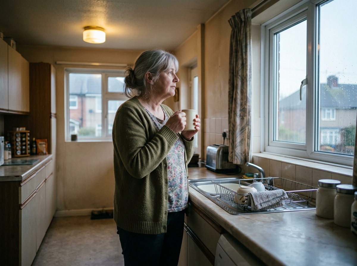 A woman in her early 60s standing at a kitchen counter with a coffee cup, looking out a window in morning light