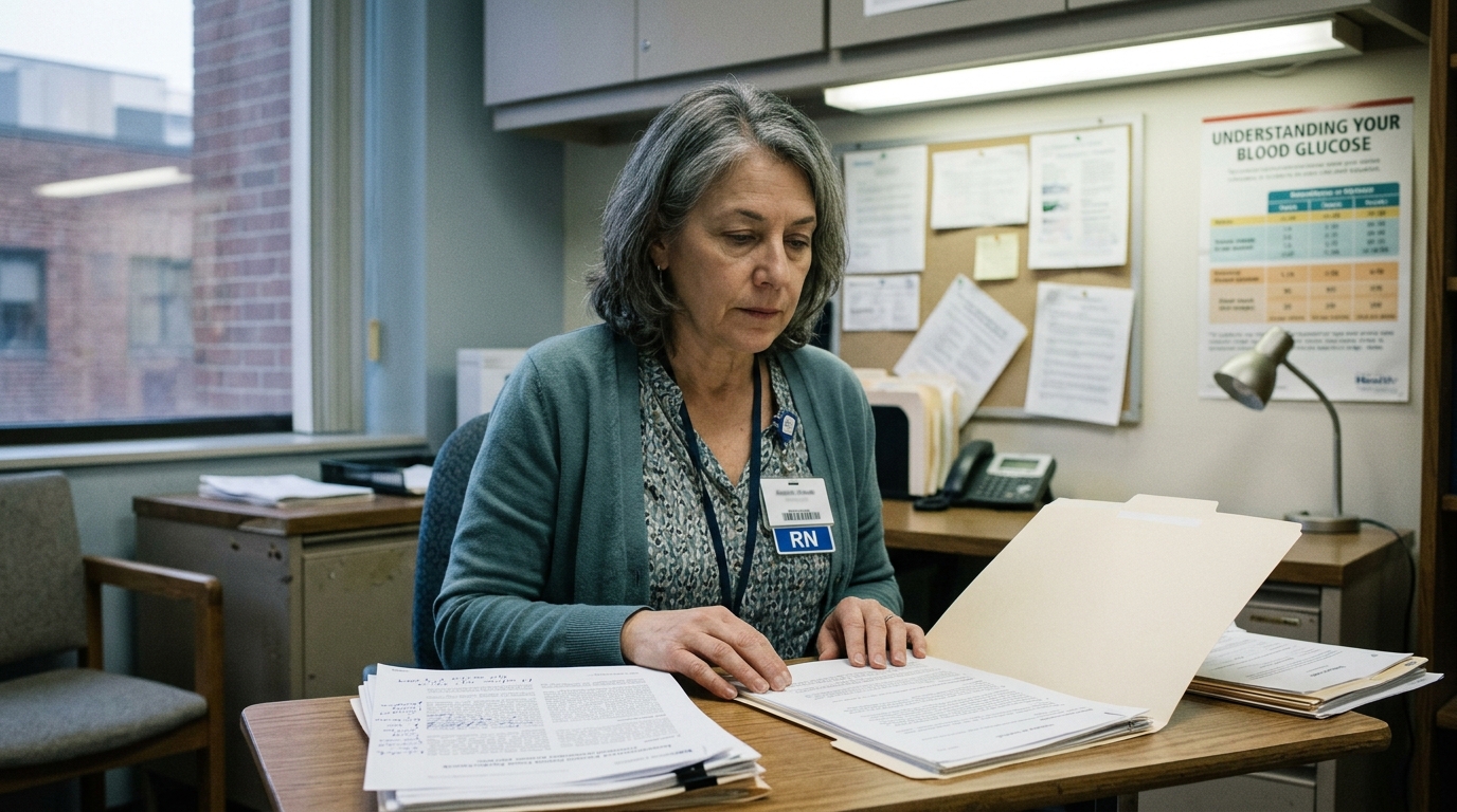 A woman in her late 50s at a modest clinical desk, looking down at a manila folder, RN badge visible on a lanyard