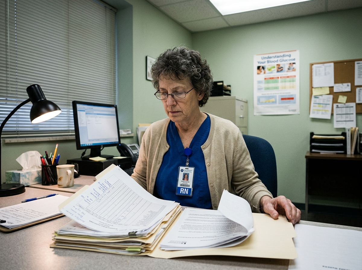 A community health clinic office — a woman at a modest desk with a manila folder, institutional lighting, patient education materials on the wall behind her