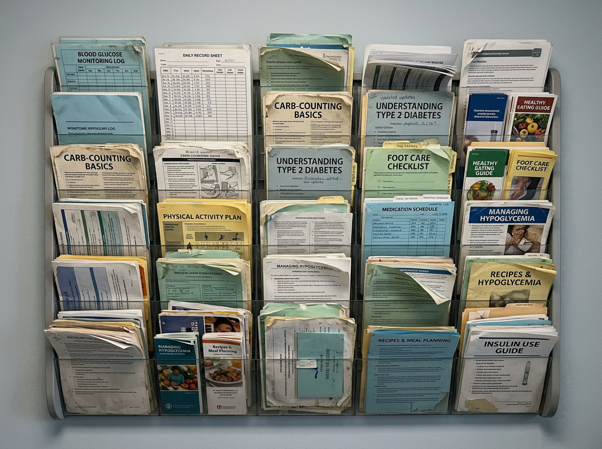 A shelf or wall rack filled with laminated diabetes education materials — blood glucose charts, carb-counting guides, foot care instruction sheets