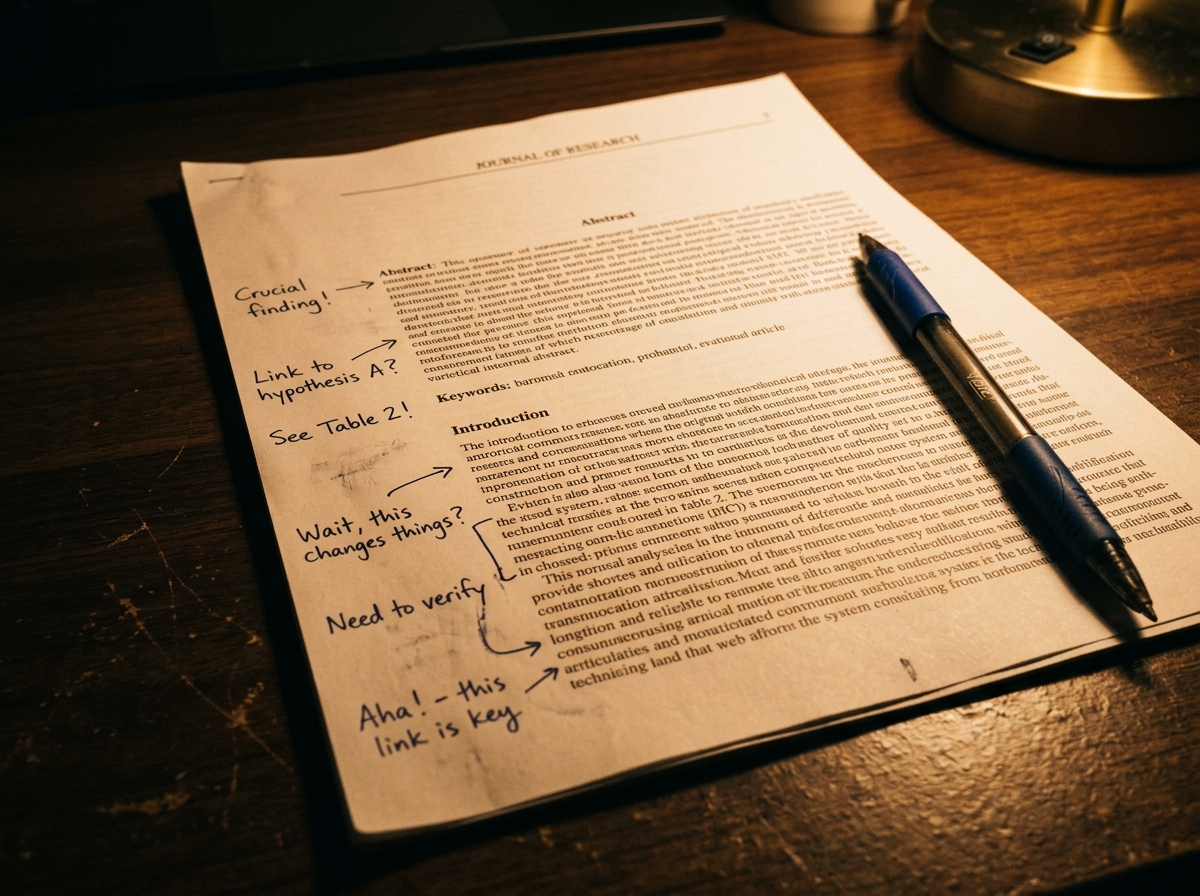 A printed research paper on a desk with handwritten margin notes in blue pen, a lamp casting warm light on one side