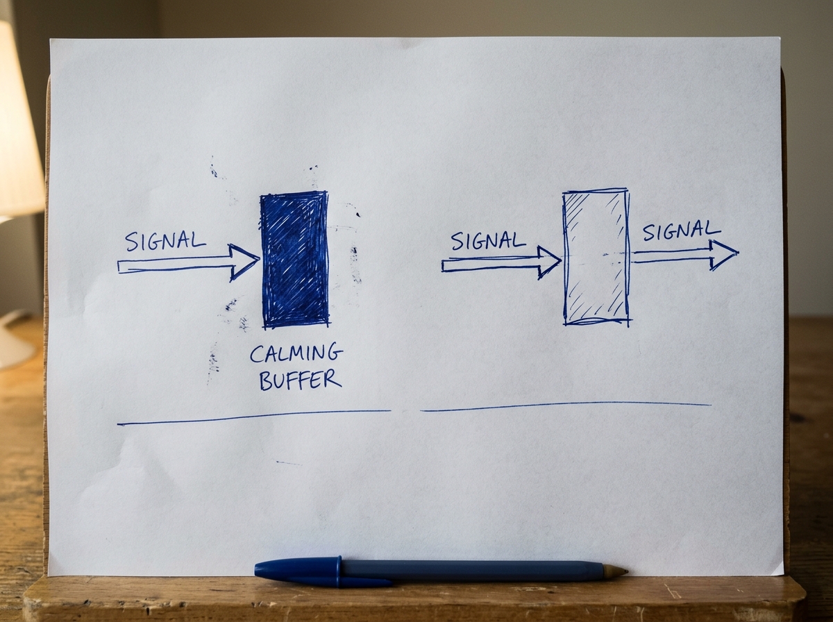 A hand-drawn two-part diagram on plain paper showing a nerve signal and calming buffer — left panel full, right panel nearly empty