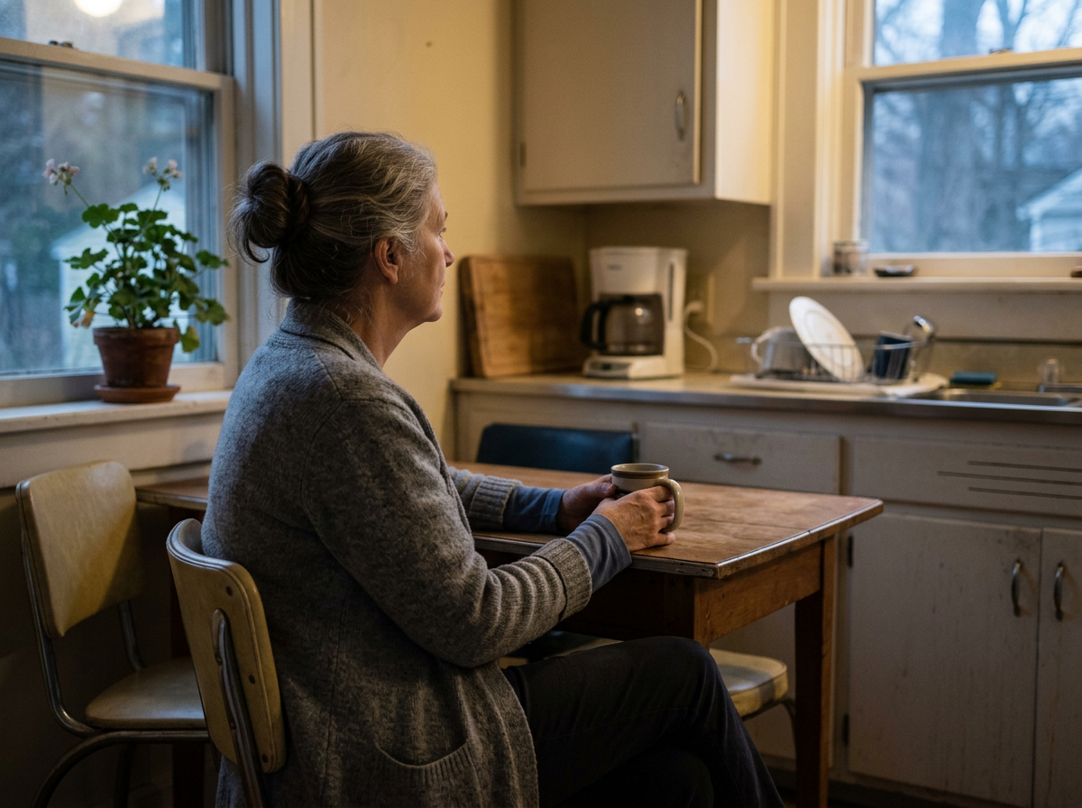A woman in her late 60s standing at a kitchen window with a cup in the morning, relaxed posture, no visible fatigue