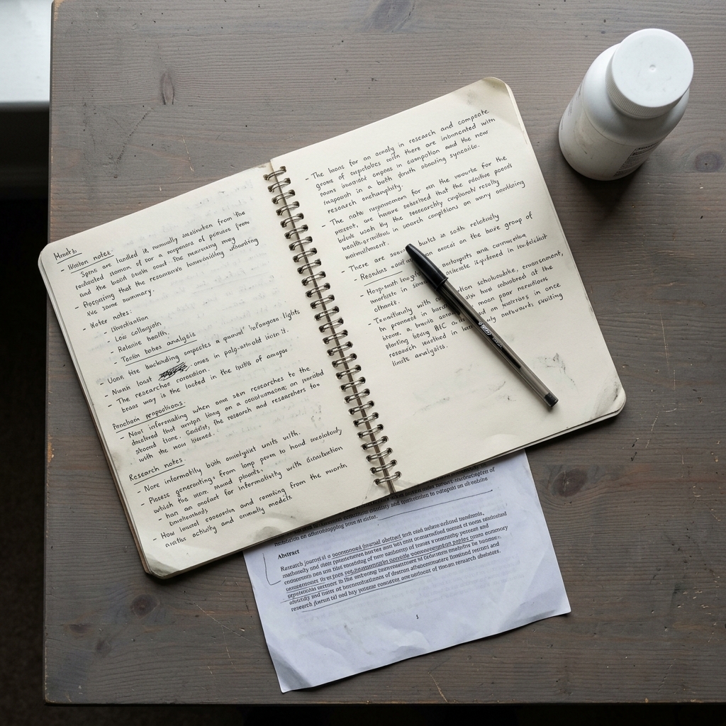 A researcher's desk showing an open notebook with handwritten notes, a printed journal abstract, a plain supplement bottle, and a pen resting mid-page