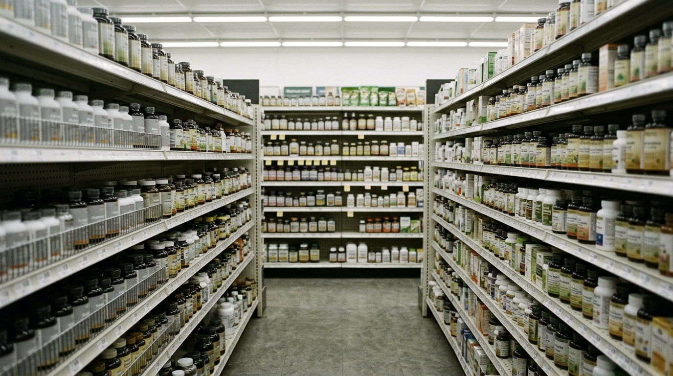 A pharmacy supplement aisle showing rows of nerve-support products under fluorescent lighting, labels blurred