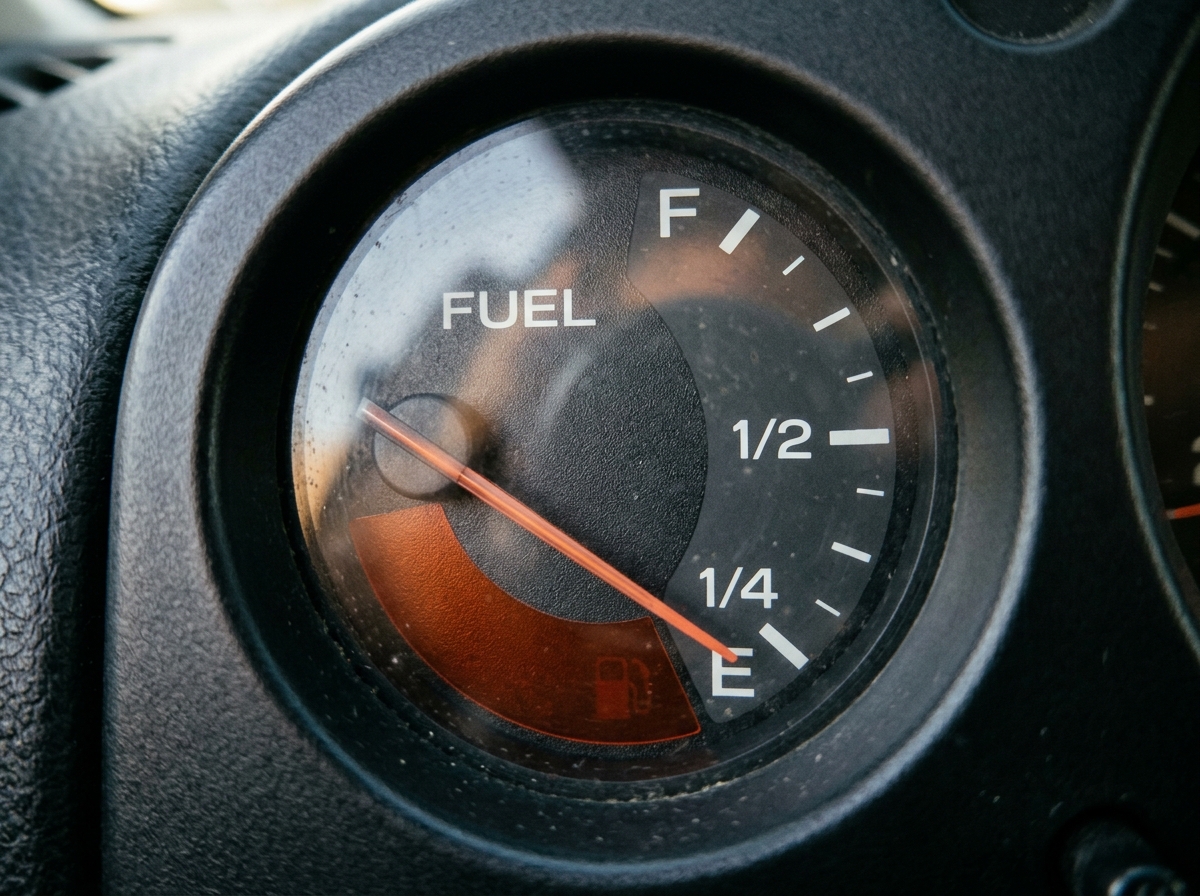 Close-up of a vehicle fuel gauge needle deep in the red zone, system running critically below functional reserve
