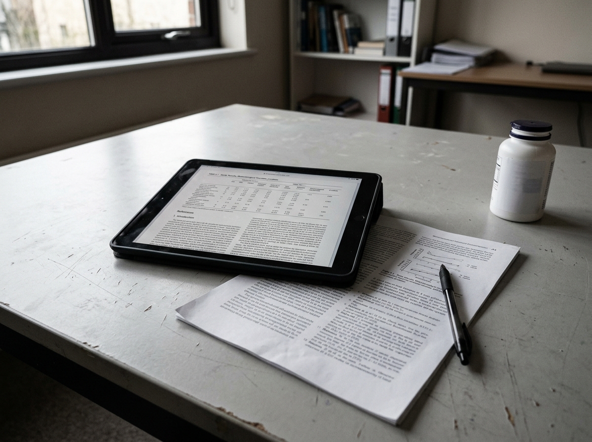 A tablet or laptop showing research data alongside a plain supplement bottle and printed journal document on a work surface