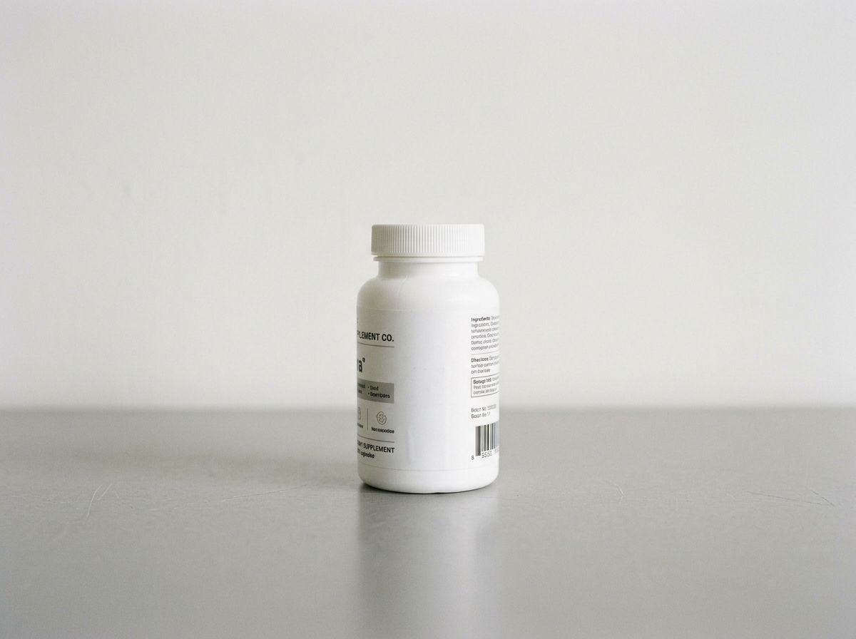 A single white supplement bottle standing upright on a plain surface, label partially visible — clinical, neutral, no staging