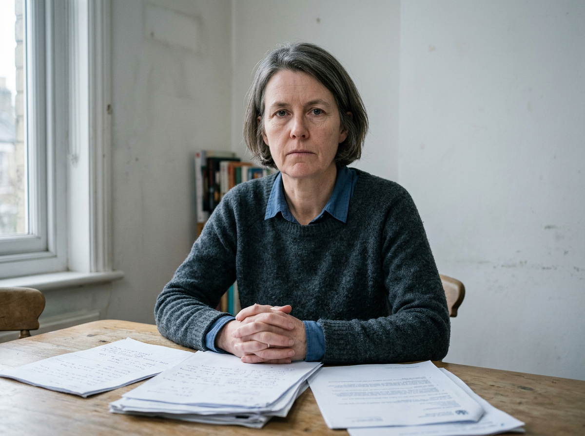 A woman in her early fifties in plain professional clothing, seated at a desk with papers visible, looking directly at the camera with a flat steady expression — the stillness before a difficult statement