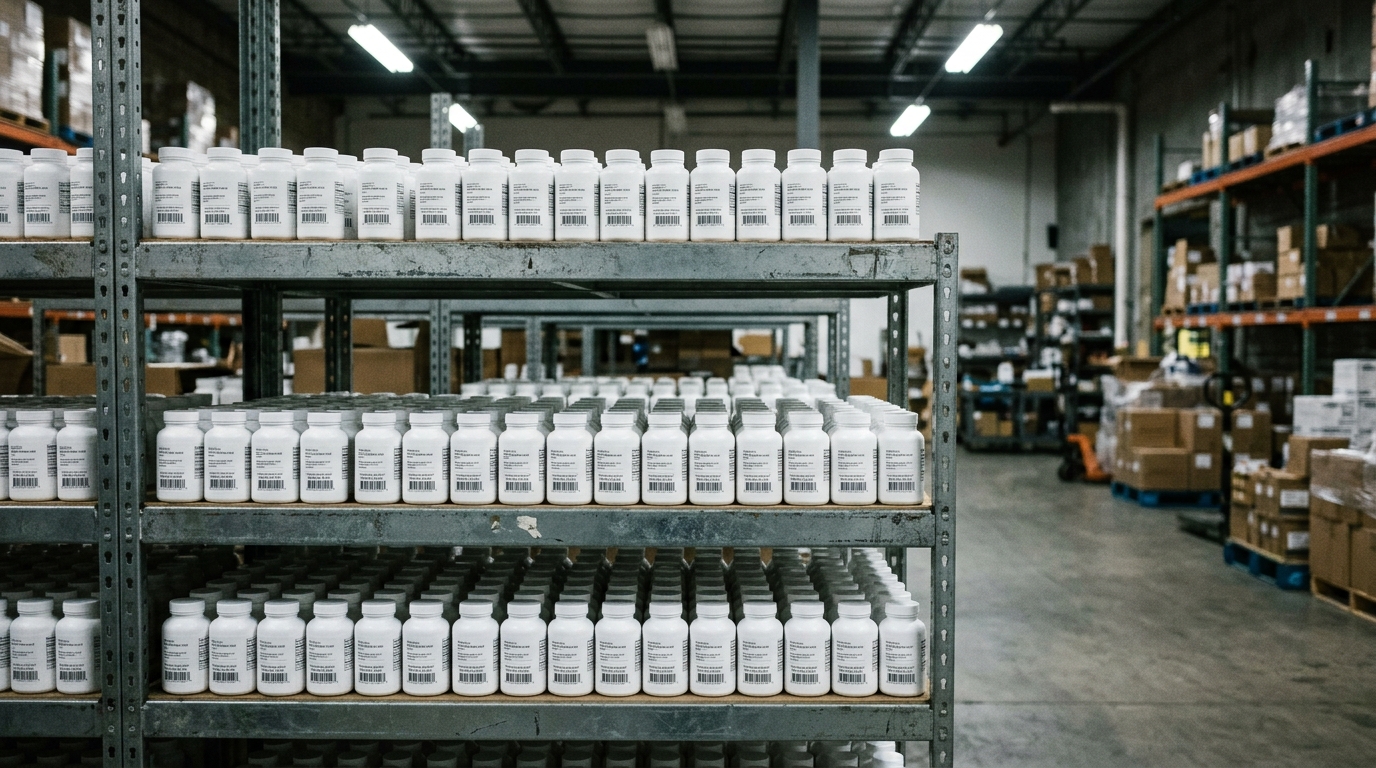 A warehouse supplement storage shelf with rows of identical plain white bottles under institutional fluorescent lighting — the supply chain side of the industry