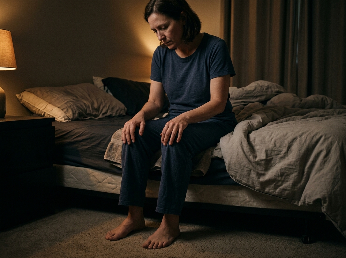 A woman in her late forties sitting on the edge of a bed in the dark, feet on a folded towel at the mattress edge, hands on her knees, looking down — the nighttime management ritual, 400 nights in