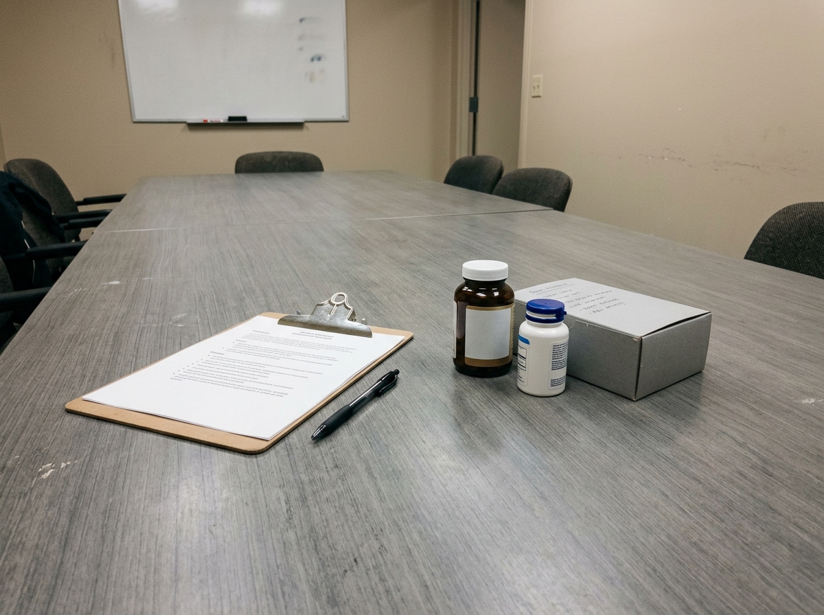 A plain conference table with a clipboard, a pen set down, and supplement product samples pushed off to one side as if reviewed and rejected — a product team meeting, just concluded