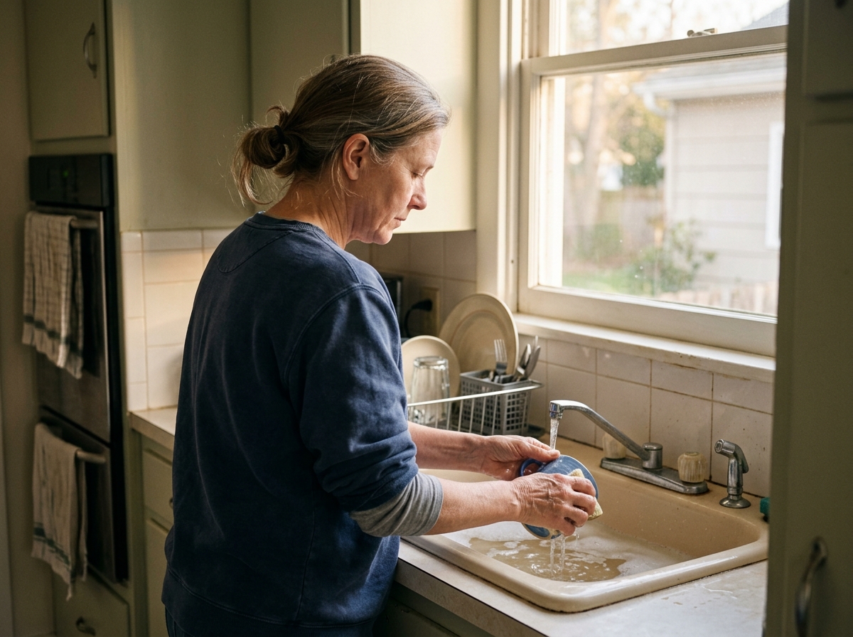 A woman in her early fifties standing at a kitchen sink, hands in the water, looking down at the task — expression neutral and present, just washing dishes