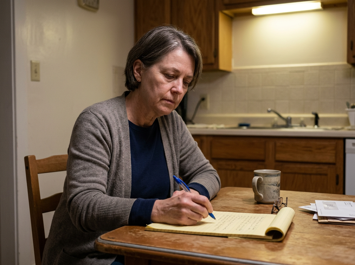 A woman in her late fifties in plain clothing, seated at a kitchen table with a legal-size notepad open in front of her, pen resting on the page, looking down at what she has written — tired certainty, still at the table