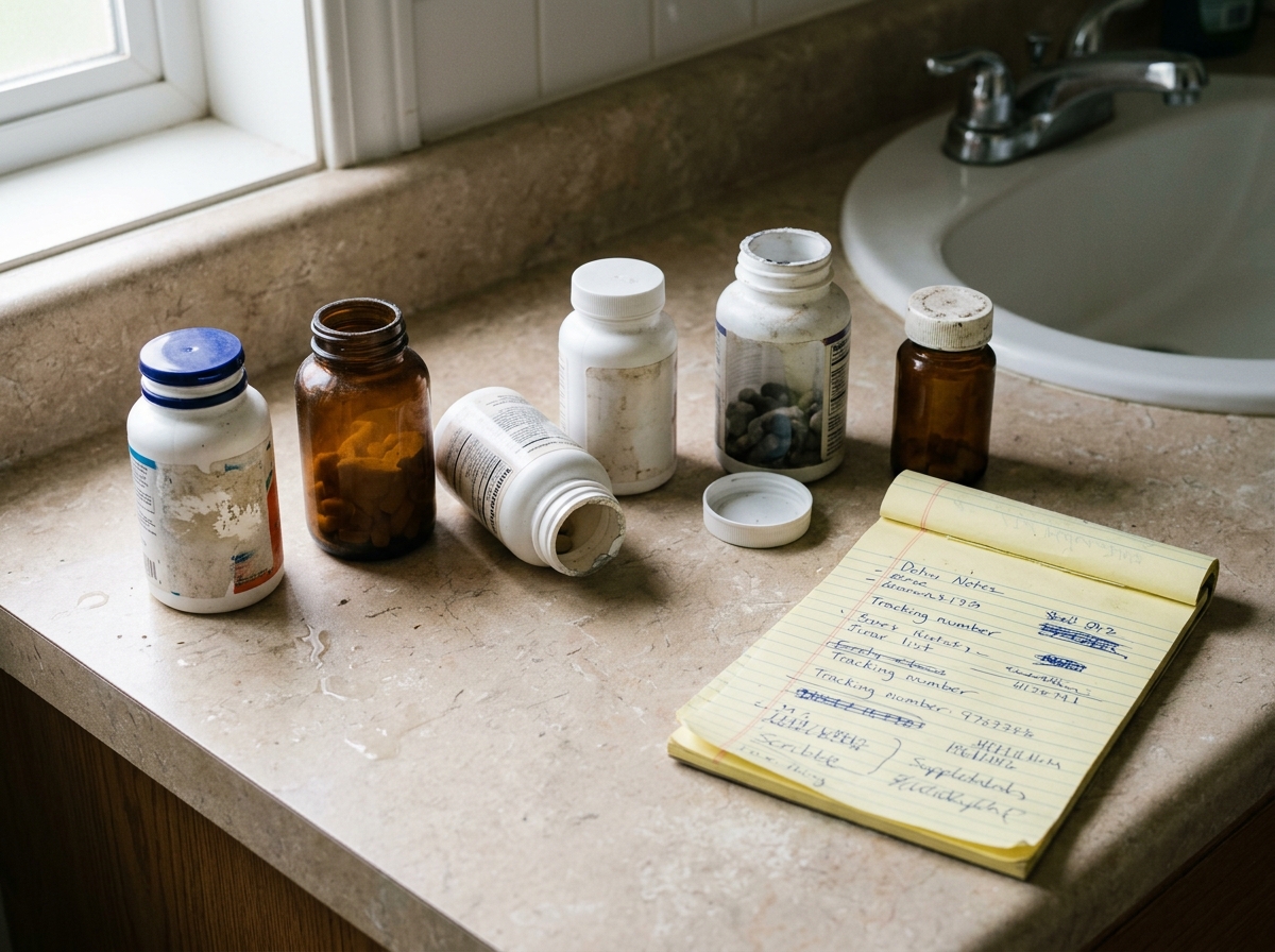 A bathroom counter with six to eight supplement bottles in various states of use, some half-empty, one with the lid off, one lying on its side, a notepad open nearby with handwritten lines — accumulated effort, no clear winner