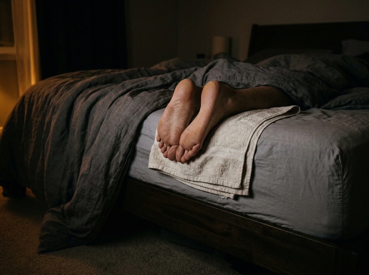 Close-up of the edge of an unmade bed at night, feet resting on a folded towel at the mattress edge outside the duvet, dim ambient light from a bedside lamp — the management ritual, ordinary by now