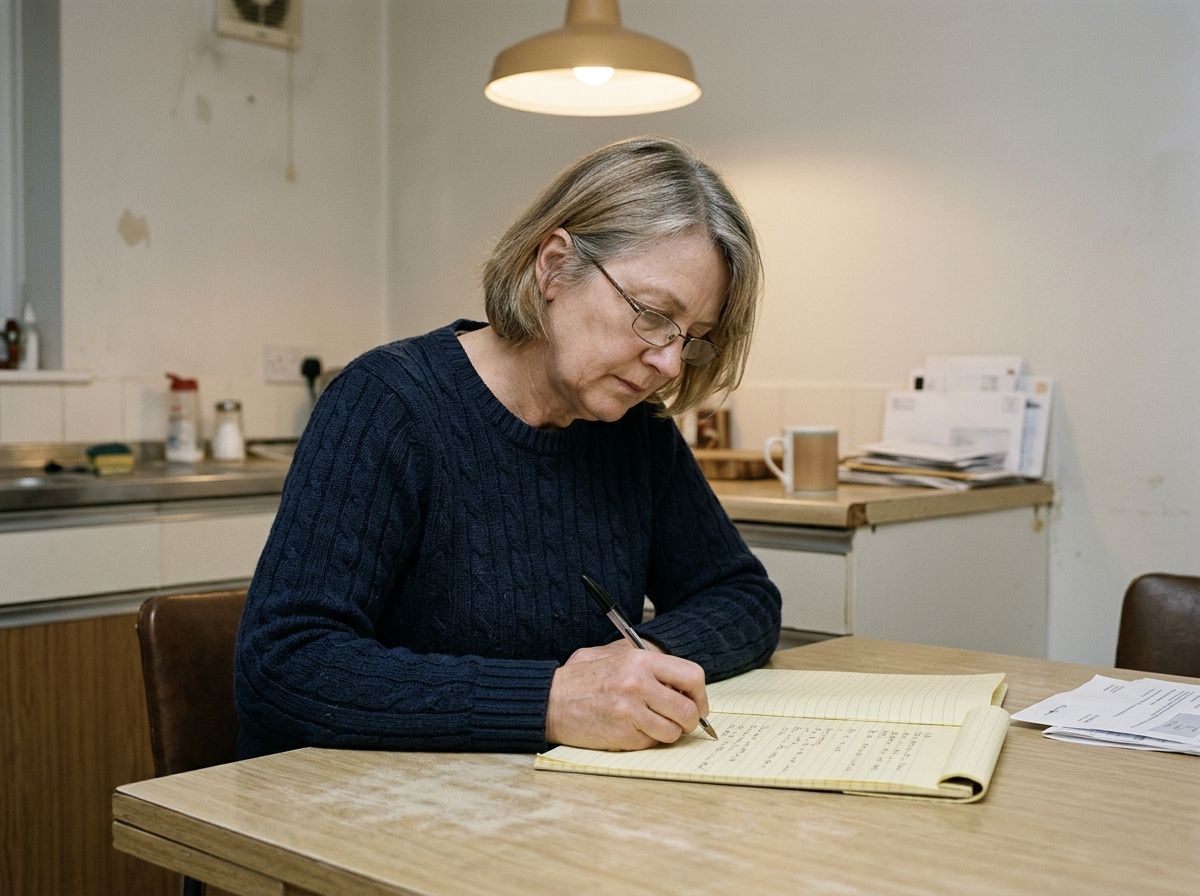 A woman in her late fifties sitting at a plain kitchen table, writing in a legal-pad notebook, looking down at the page — expression focused and neutral, pen moving, Thursday evening