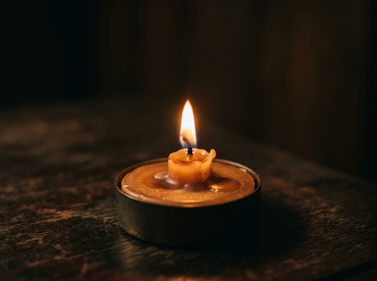 Close-up of a single candle burning very low, nearly down to the holder, pool of wax at the base, the flame steady but near the end, dark background