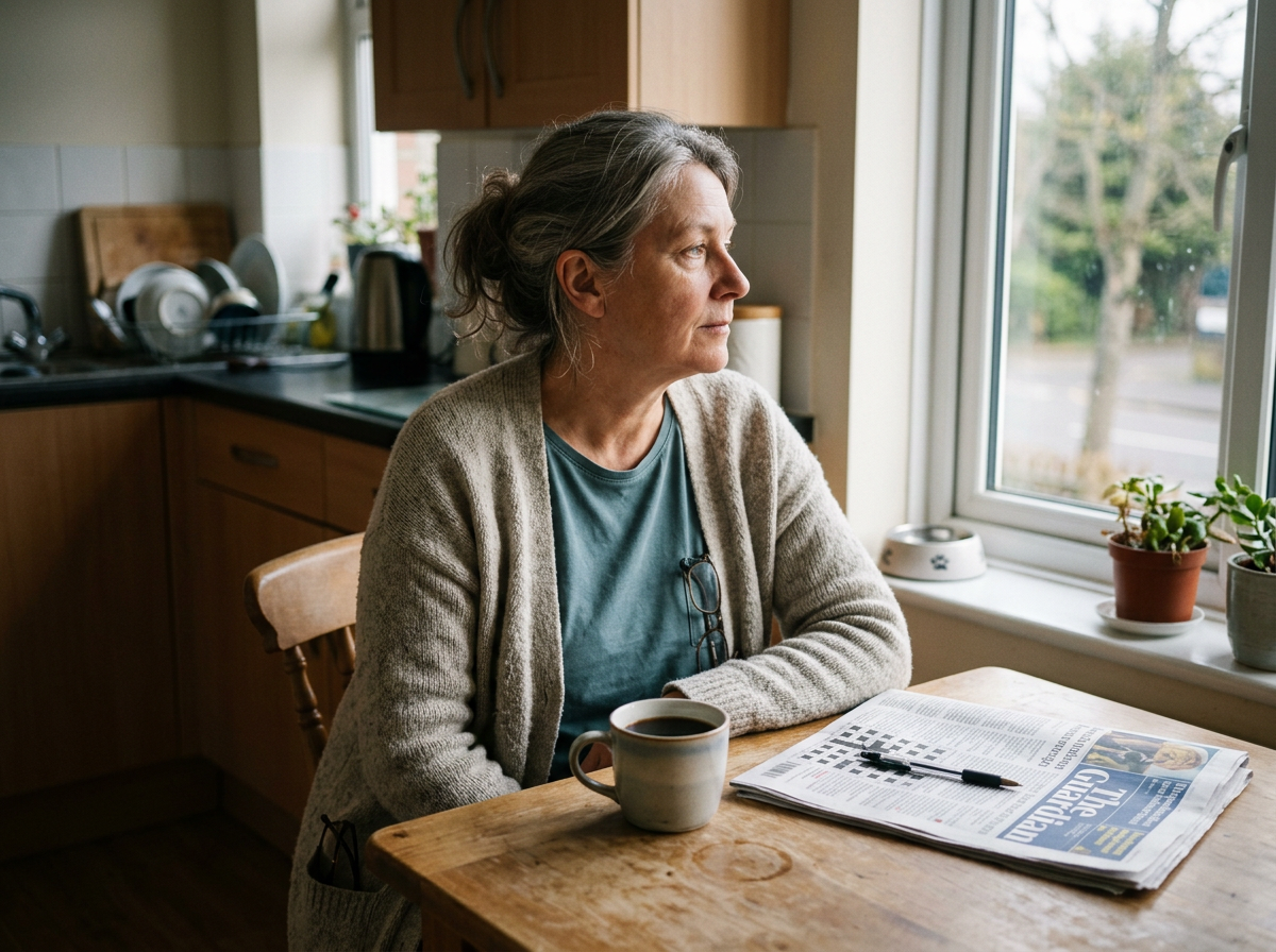 A woman in her late fifties seated at a kitchen table with a coffee cup and a crossword visible, looking out a window or slightly away — expression neutral and present, ordinary morning, just present in it