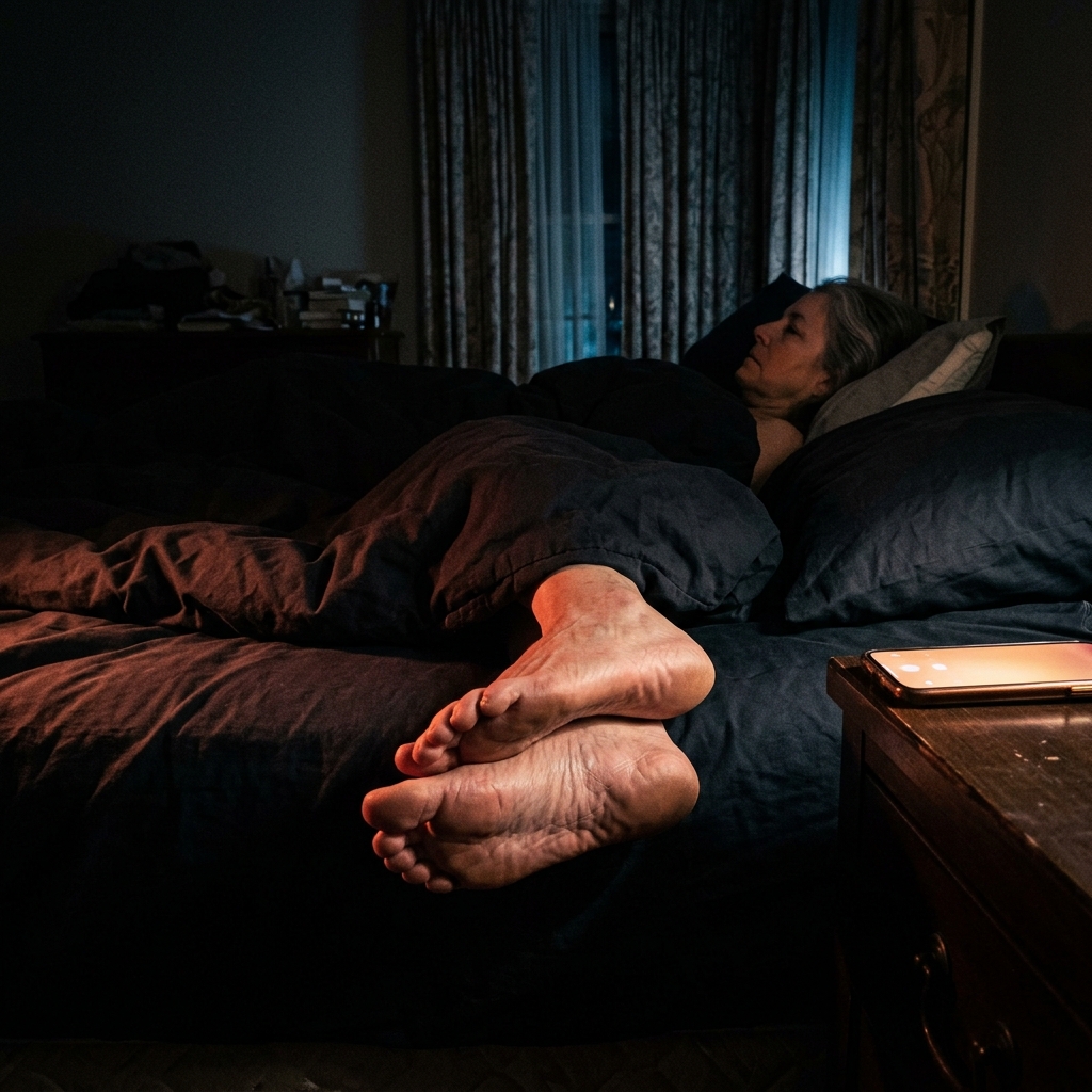 A woman lying awake at 2am, both bare feet pushed off the end of the bed, faint amber glow on the soles