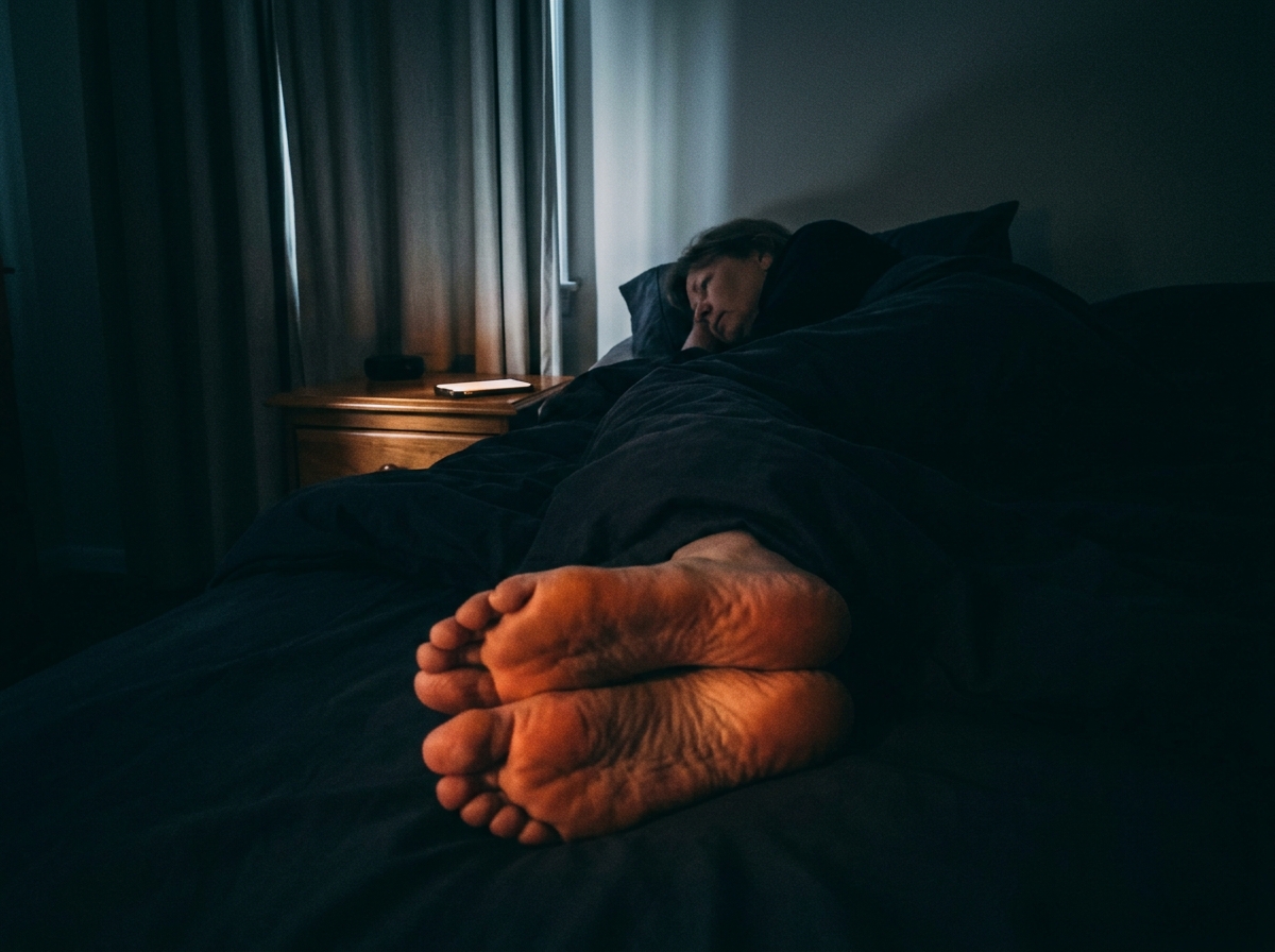 Bare feet pushed off the end of the bed at midnight, faint glow on the soles