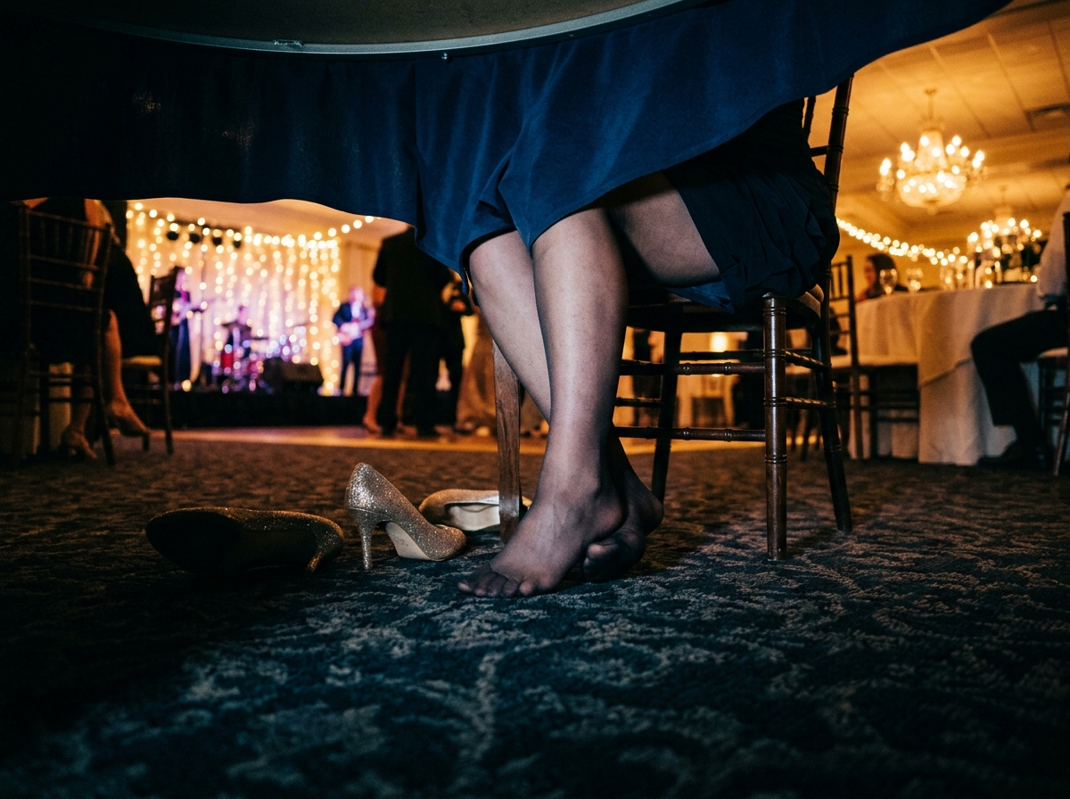 Feet pressed together under a banquet tablecloth at a wedding, warm lights beyond
