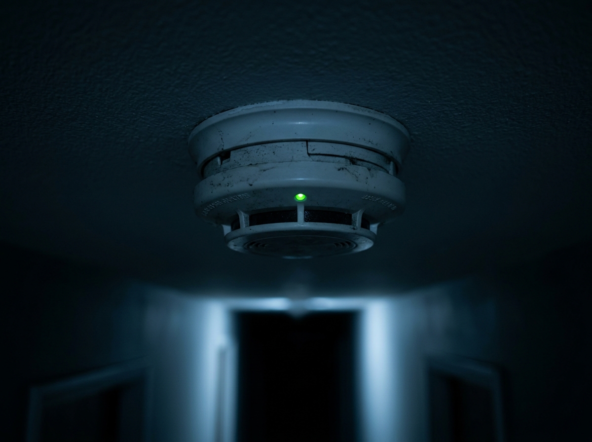 A ceiling smoke detector glowing in a dark hallway