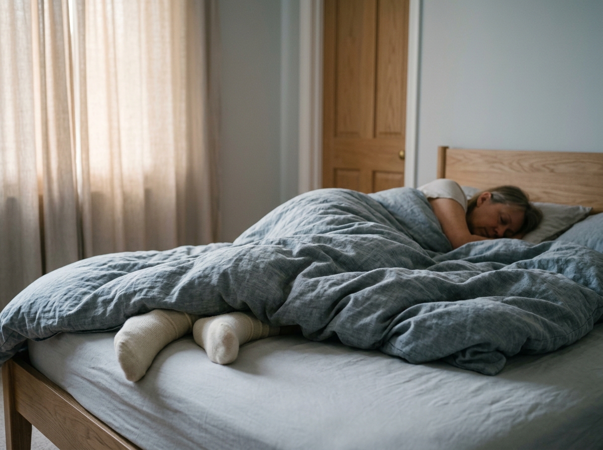 A woman asleep at dawn, the duvet pulled over her feet, plain socks just visible