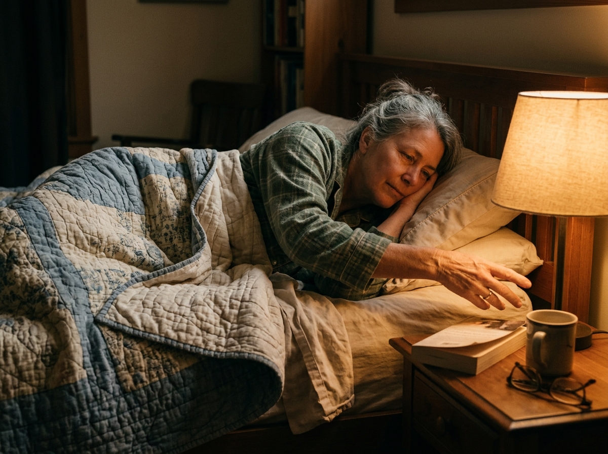 A woman reaching to switch off a bedside lamp, settled under the covers
