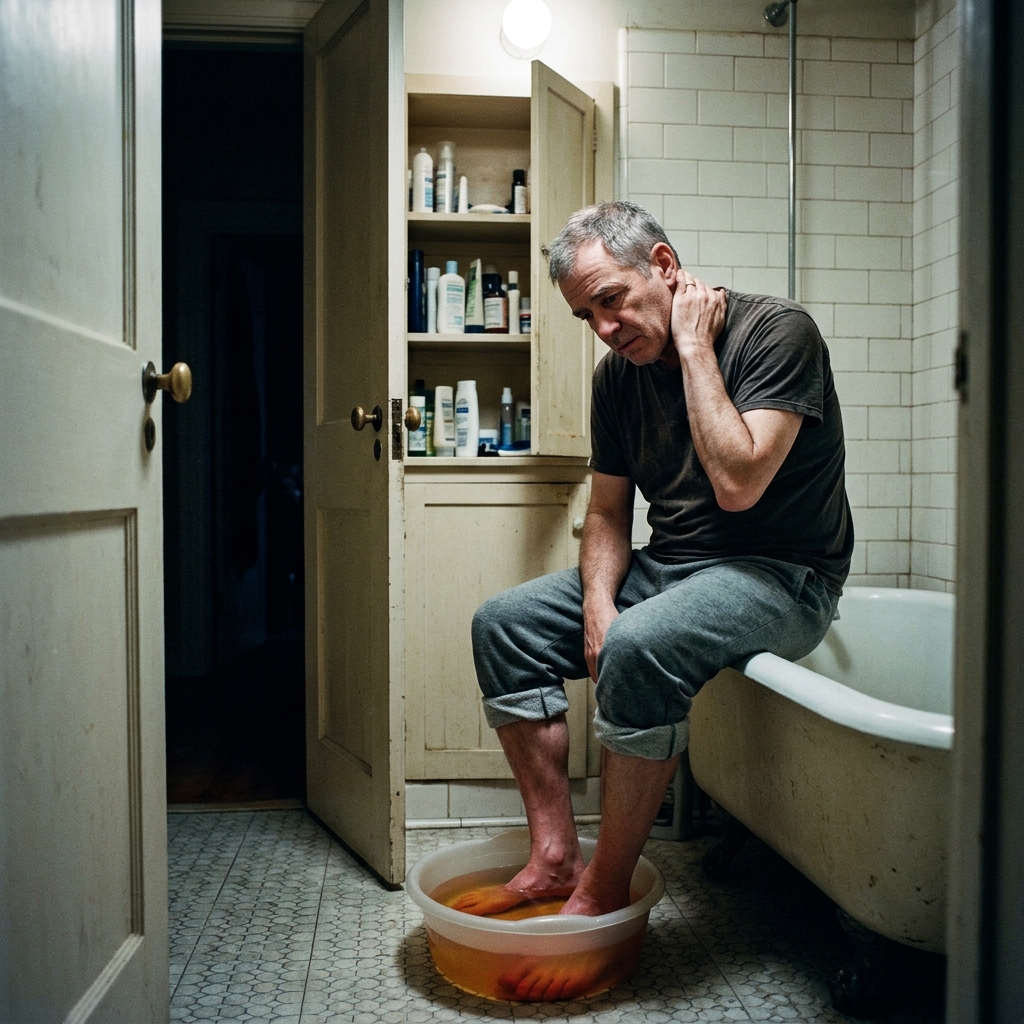 A man sitting on the edge of a bathtub at 3am, bare feet in a basin of water
