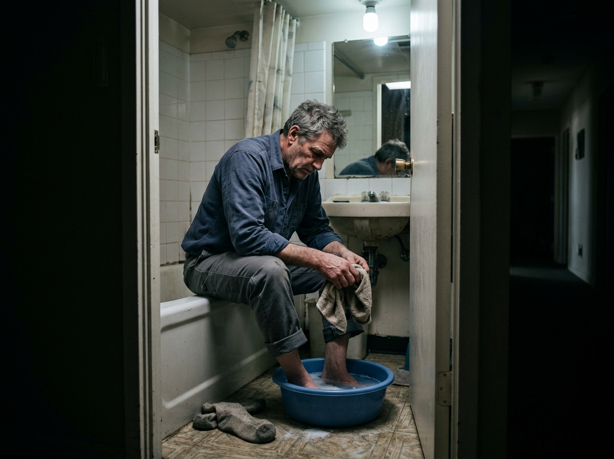 A man hunched on the edge of a bathtub at 3am, feet in a basin on the tile
